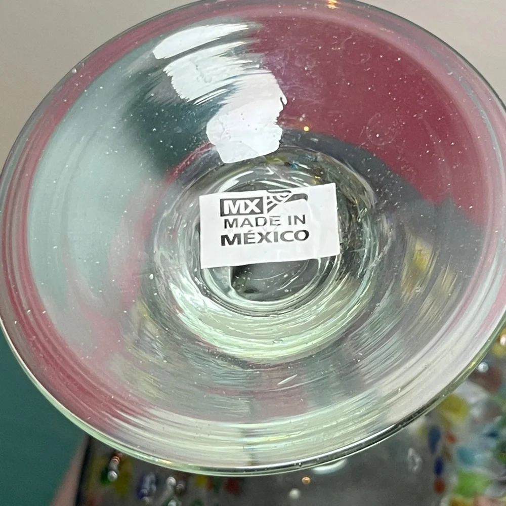 Pair Handblown Confetti Rock Multicolor Recycled Glass Margarita‎ Glasses Mexico